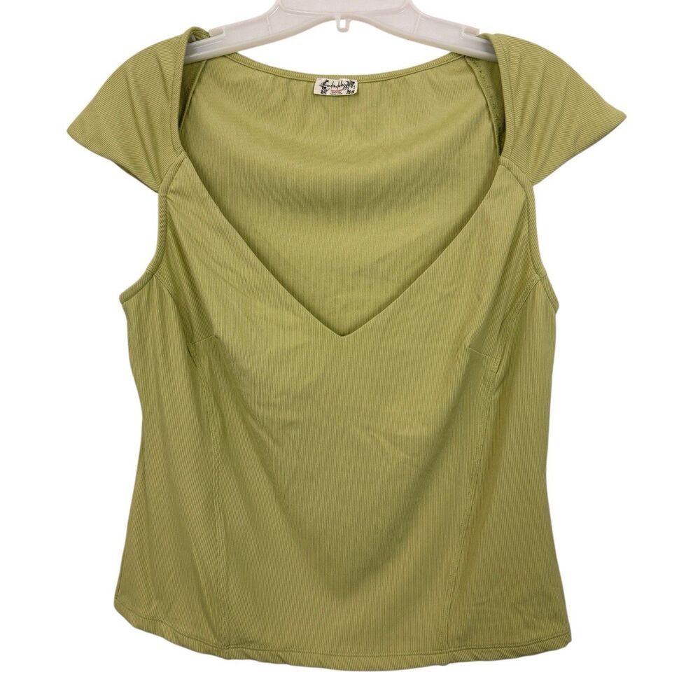 Intimately Free People Top Sz L Sweetheart Deep V-Neck Green Ribbed Nylon